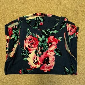Floral Sleeveless Top - Pink and Green on Navy